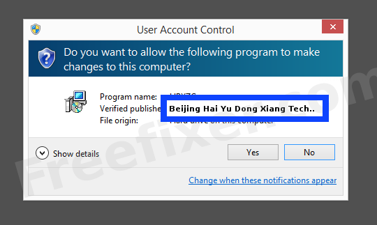 Screenshot where Beijing Hai Yu Dong Xiang Technology Co., Ltd. appears as the verified publisher in the UAC dialog